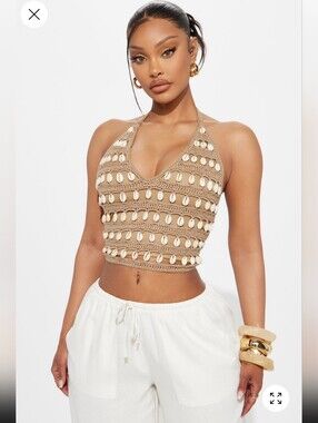 Shell-Embellished Crochet Halter Crop Top - Tan